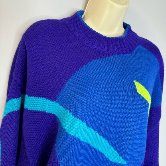 Obermeyer Vintage 80s Sail Sweater Wool Blend Retro Skiing Blue Neon Women's L - Picture 5 of 9